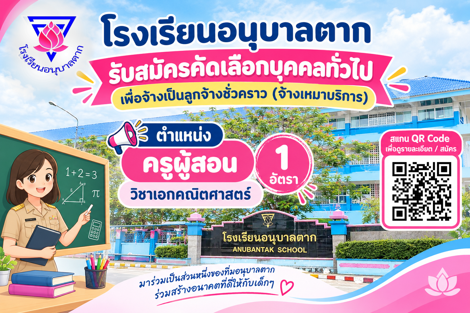 📢 #โรงเรียนอนุบาลตากเปิดรับสมัครคัดเลือกบุคคลทั่วไปเพื่อจ้างเป็นลูกจ้างชั่วคราว (จ้างเหมาบริการ)